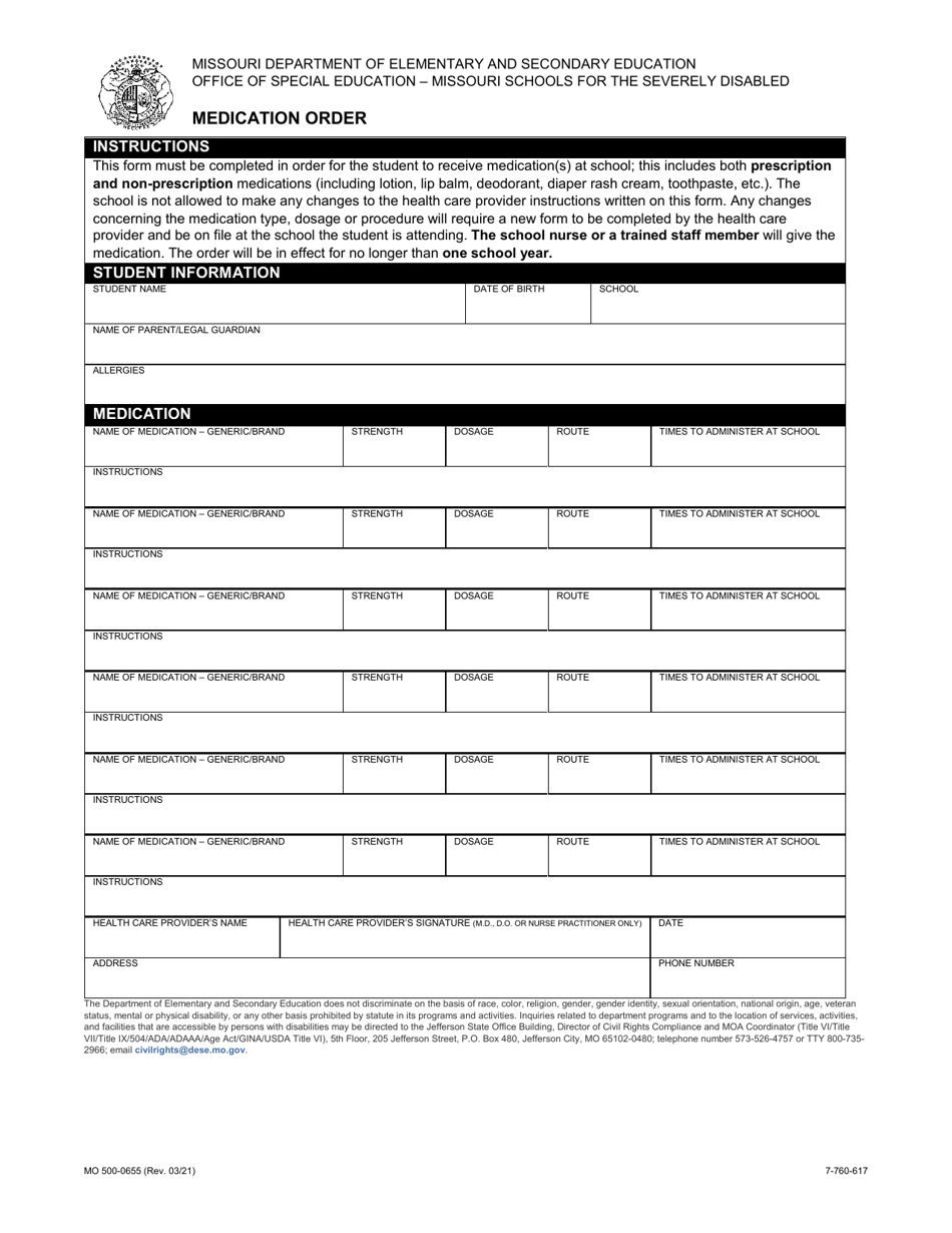 Form MO500-0655 Medication Order - Missouri, Page 1