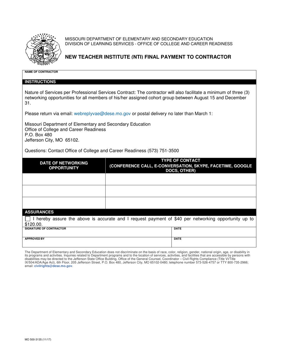 Form MO500-3135 New Teacher Institute (Nti) Final Payment to Contractor - Missouri, Page 1