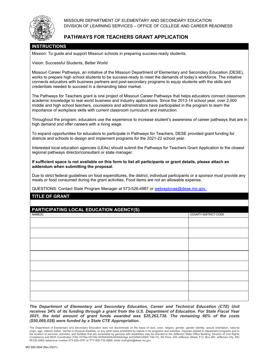 Form MO500-3204 Pathways for Teachers Grant Application - Missouri, Page 1