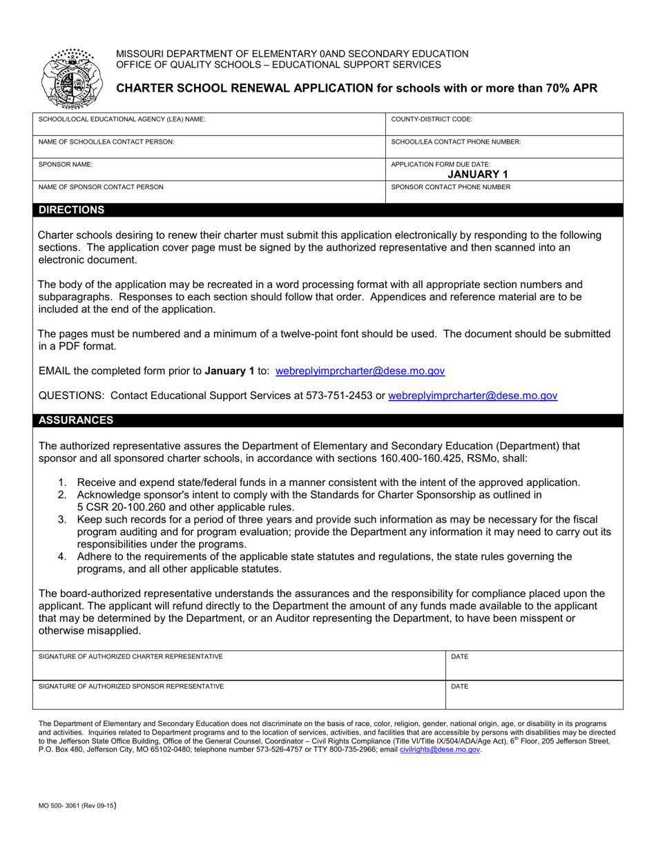 Form MO500-3061 Charter School Renewal Application for Schools With or More Than 70% Apr - Missouri, Page 1