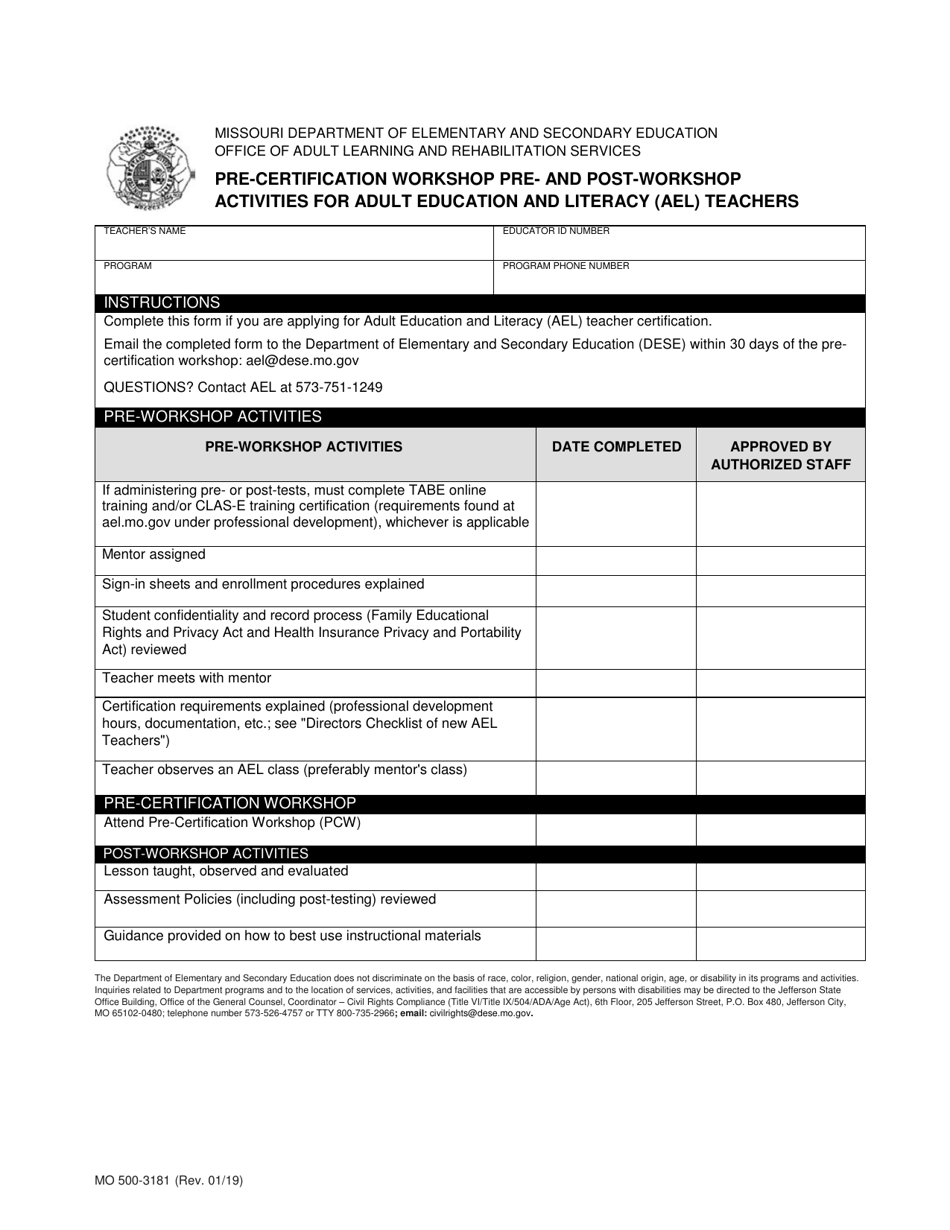 Form MO500-3181 Pre-certification Workshop Pre- and Post-workshop Activities for Adult Education and Literacy (Ael) Teachers - Missouri, Page 1