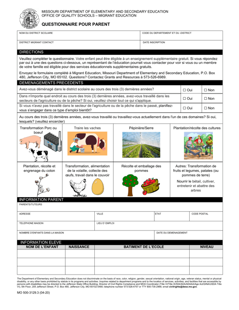 Form MO500-3129.3 Parent Questionnaire - Missouri (French)