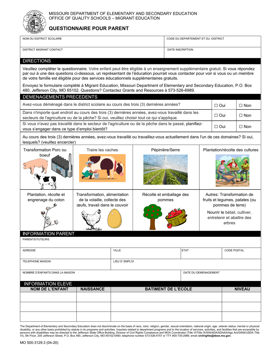 Form MO500-3129.3 Parent Questionnaire - Missouri (French), Page 1