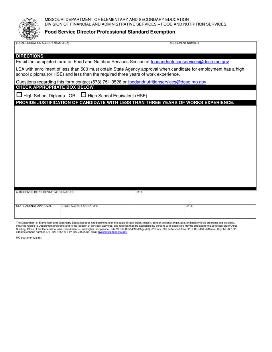 Form MO500-3194 Food Service Director Professional Standard Exemption - Missouri, Page 1