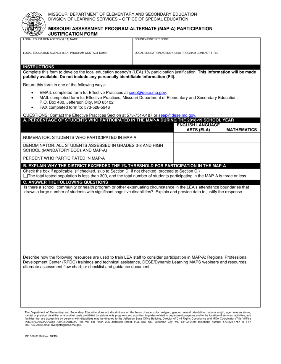 Form MO500-3198 Missouri Assessment Program-Alternate (Map-A) Participation Justification Form - Missouri, Page 1