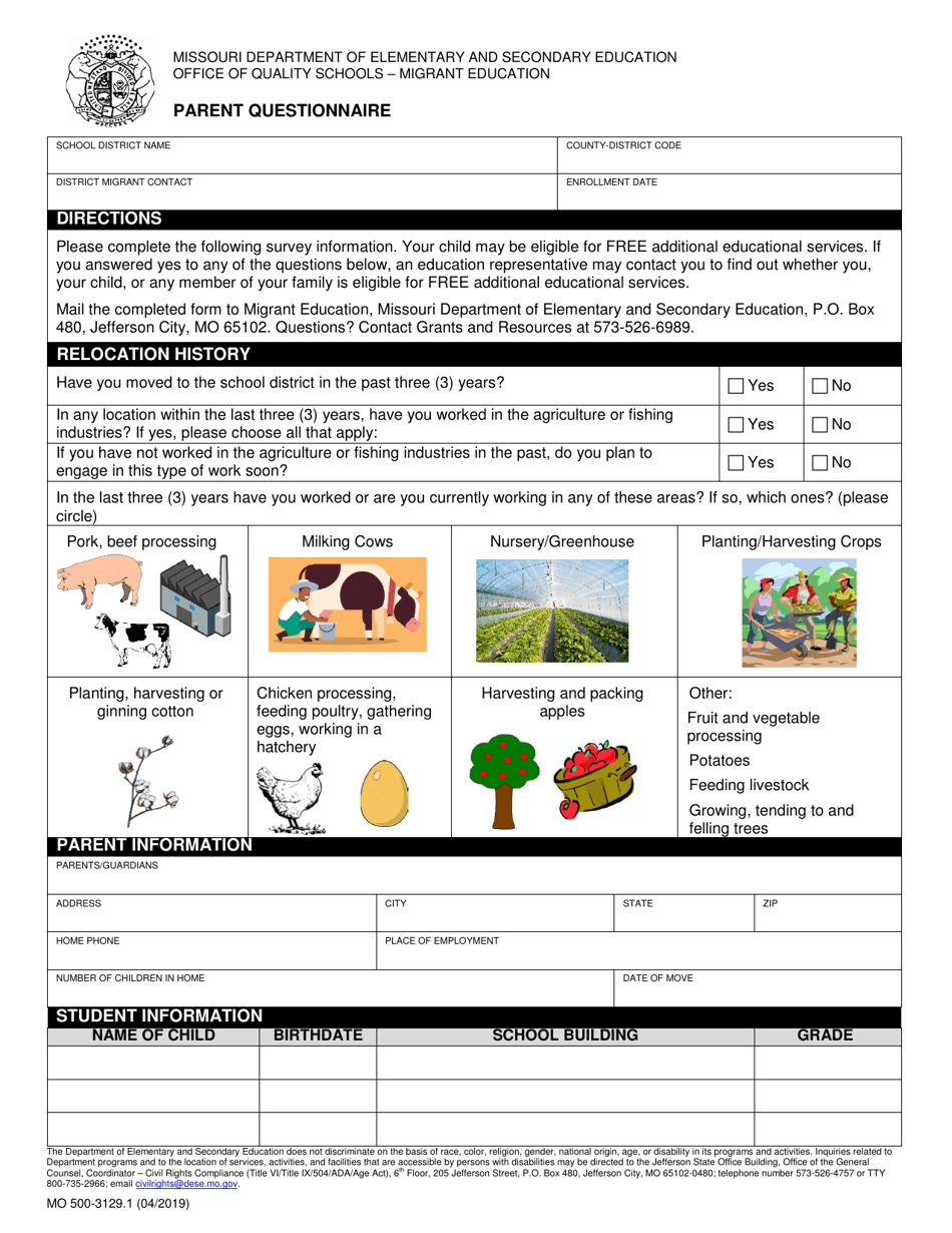 Form MO500-3129.1 Parent Questionnaire - Missouri, Page 1