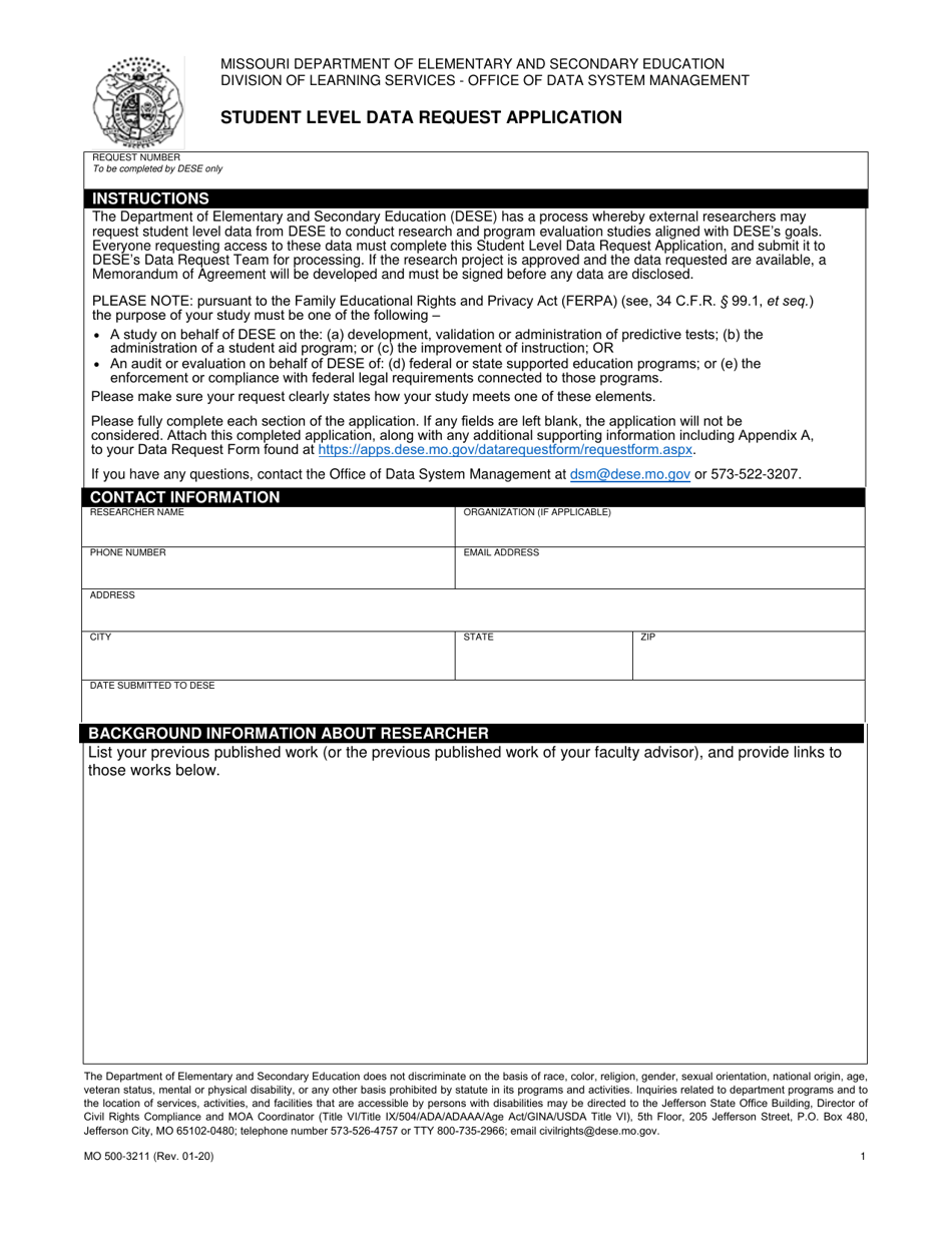 Form MO500-3211 Student Level Data Request Application - Missouri, Page 1