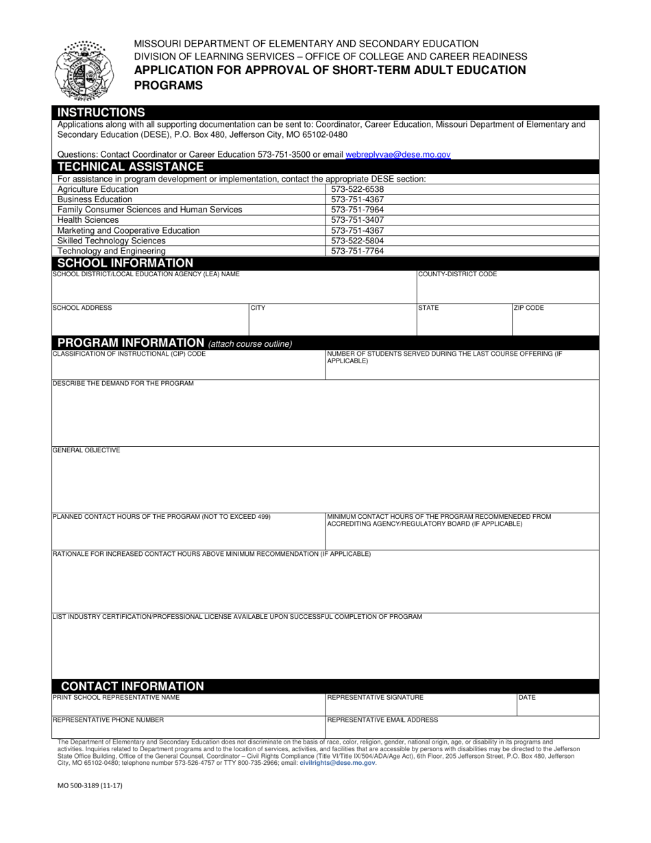 Form MO500-3189 Application for Approval of Short-Term Adult Education Programs - Missouri, Page 1