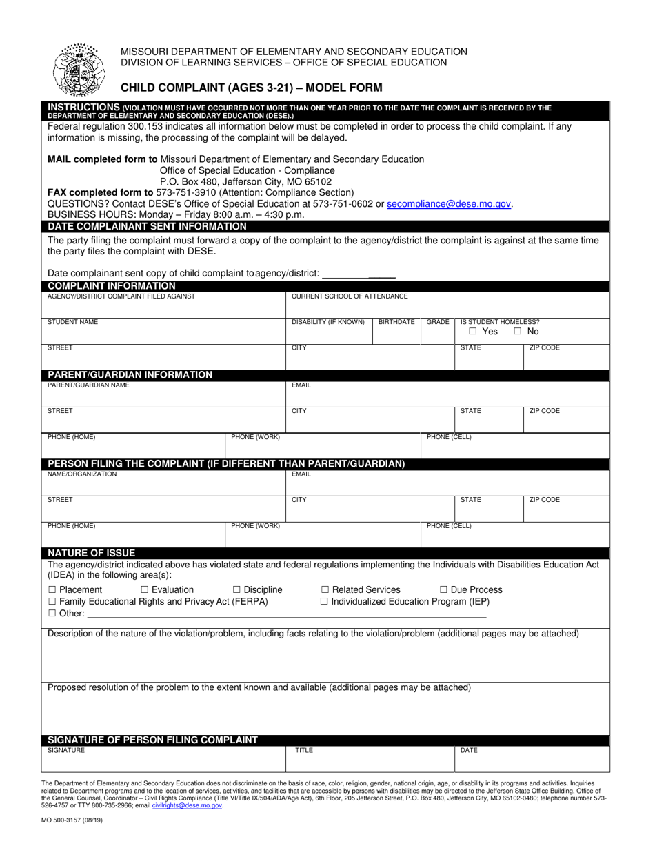 Form MO500-3157 Child Complaint (Ages 3-21) - Model Form - Missouri, Page 1