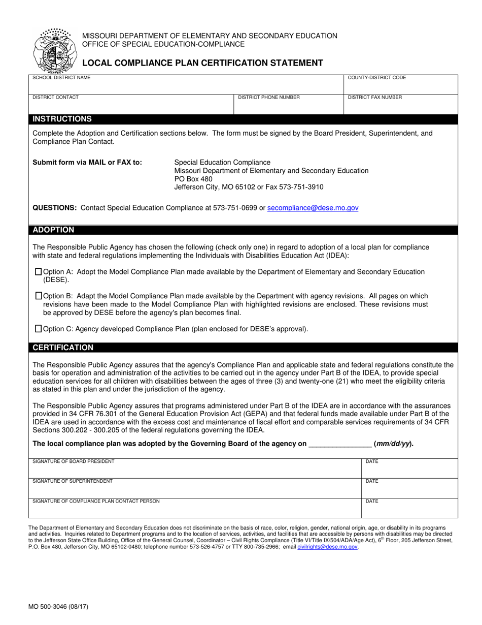 Form MO500-3046 Local Compliance Plan Certification Statement - Missouri, Page 1