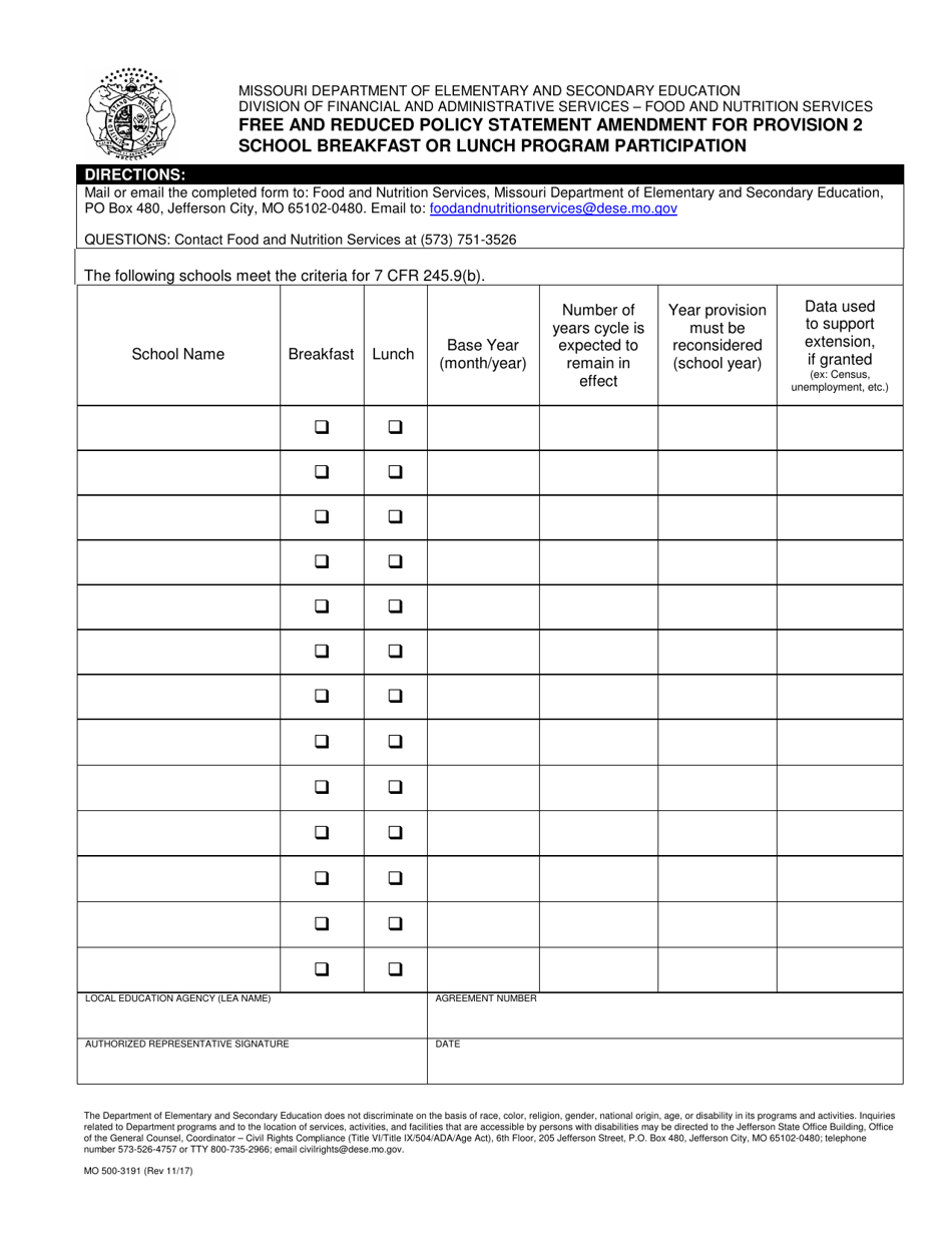 Form MO500-3191 Free and Reduced Policy Statement Amendment for Provision 2 School Breakfast or Lunch Program Participation - Missouri, Page 1