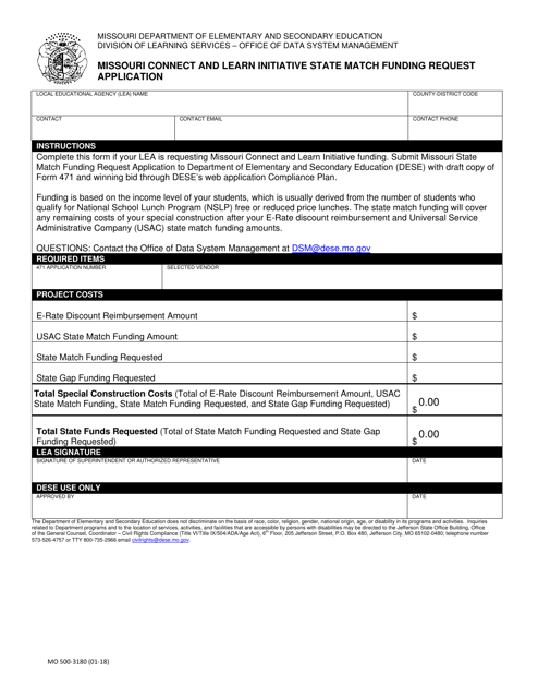 Form MO500-3180 Missouri Connect and Learn Initiative State Match Funding Request Application - Missouri