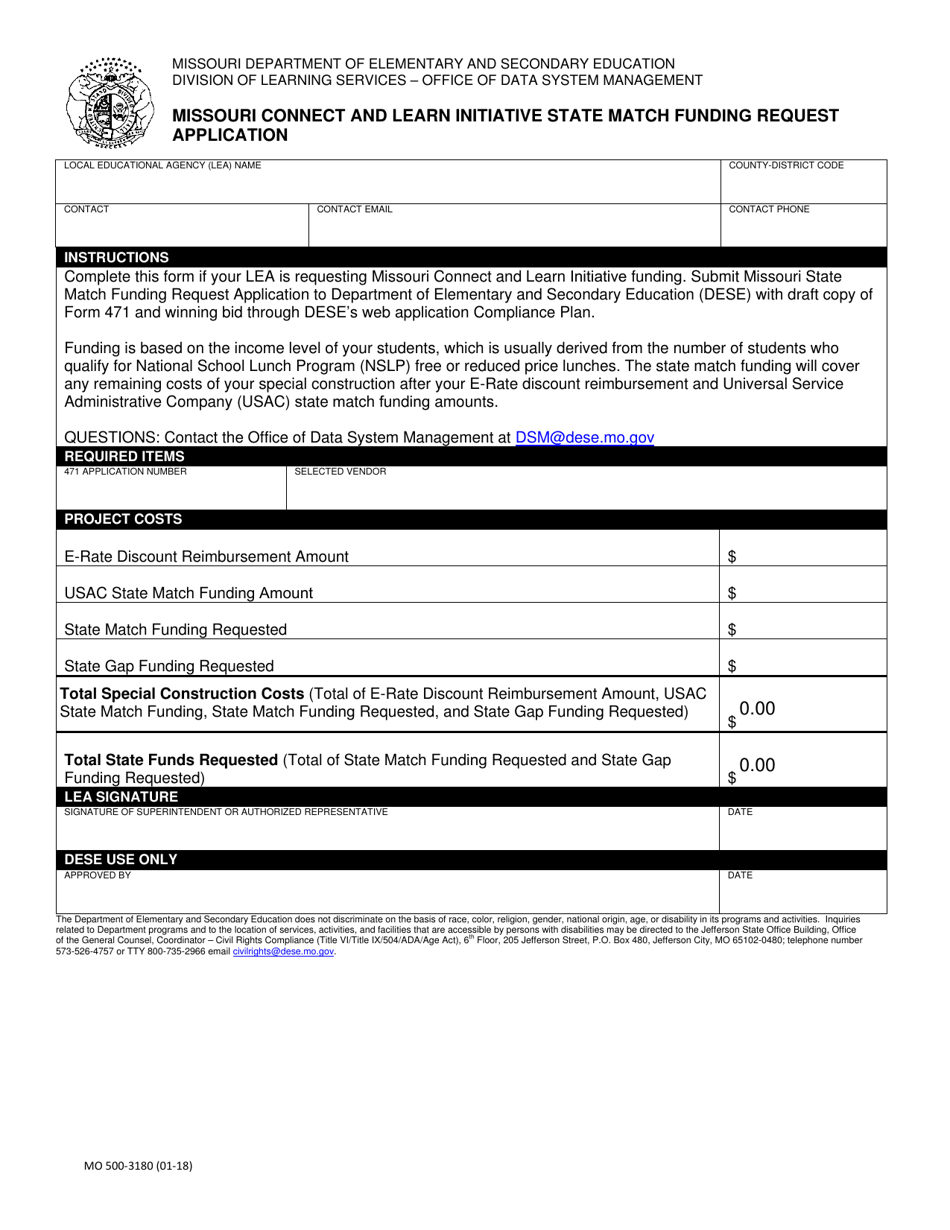 Form MO500-3180 Missouri Connect and Learn Initiative State Match Funding Request Application - Missouri, Page 1