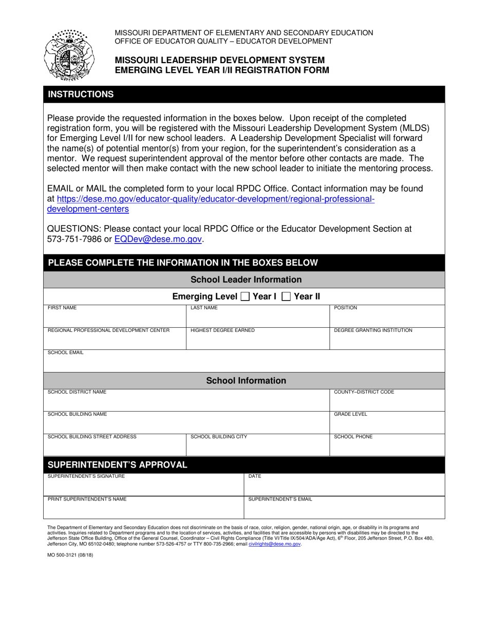 Form MO500-3121 Missouri Leadership Development System Emerging Level Year I / II Registration Form - Missouri, Page 1