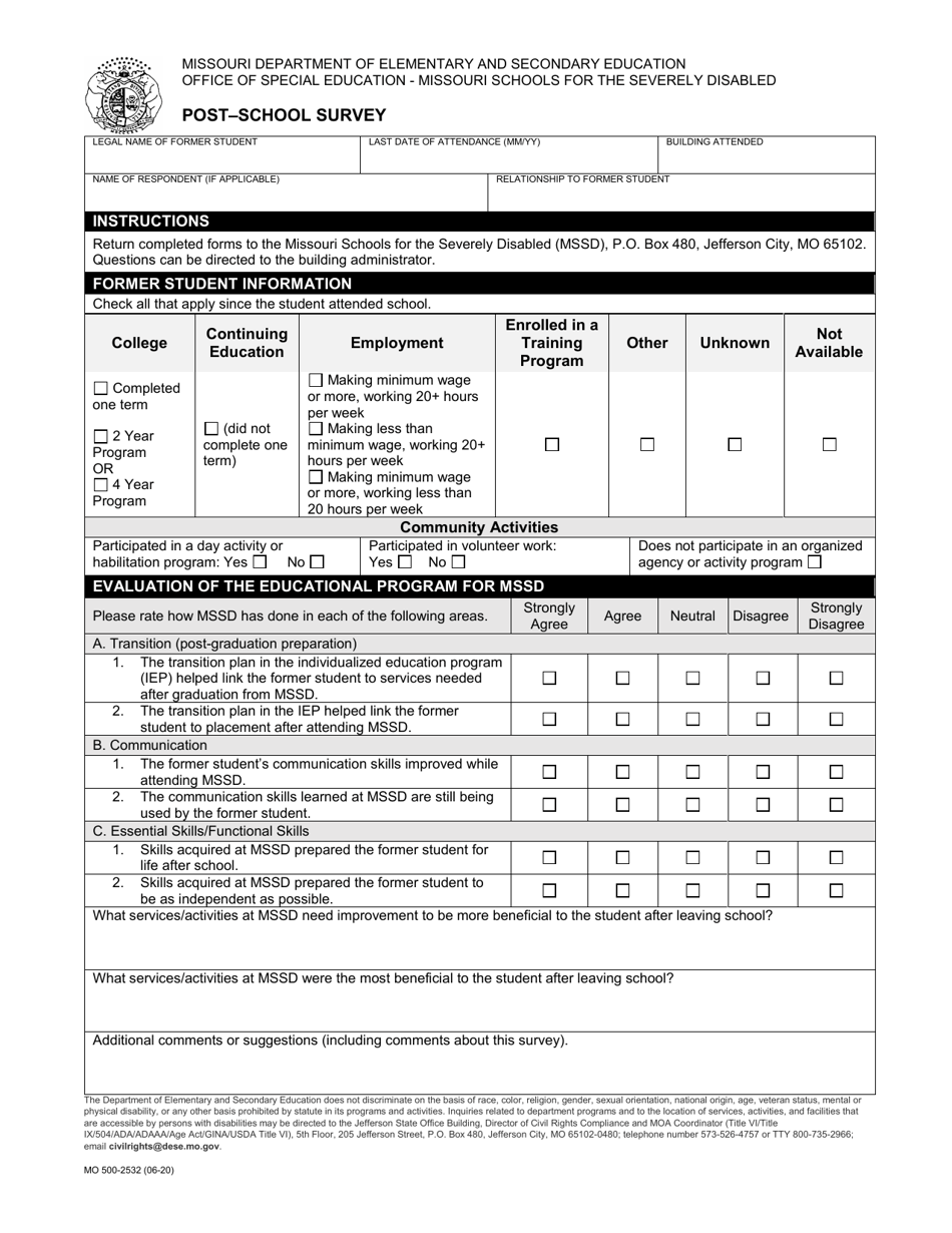 Form MO500-2532 Post-school Survey - Missouri, Page 1