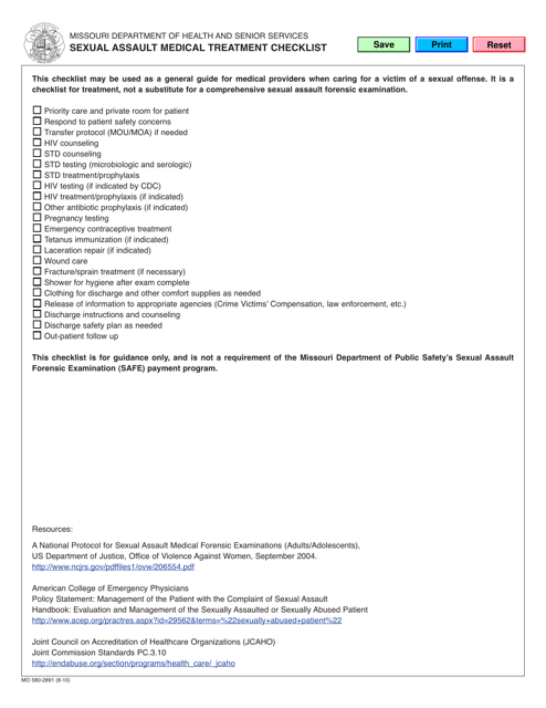 Form MO580-2891 Sexual Assault Medical Treatment Checklist - Missouri