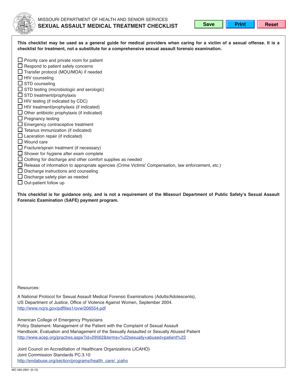 Form MO580-2891 Sexual Assault Medical Treatment Checklist - Missouri, Page 1