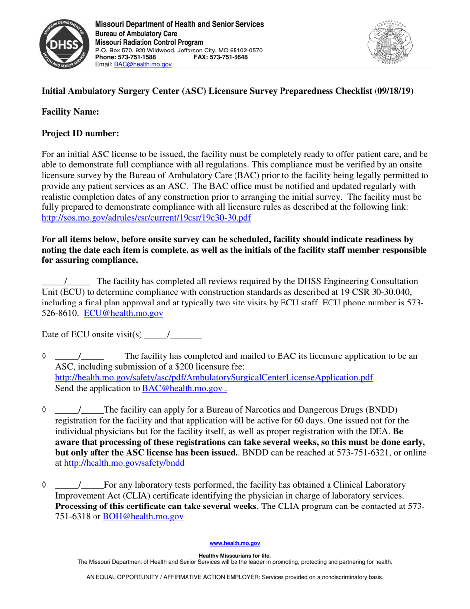 Initial Ambulatory Surgery Center (Asc) Licensure Survey Preparedness Checklist - Missouri, Page 1