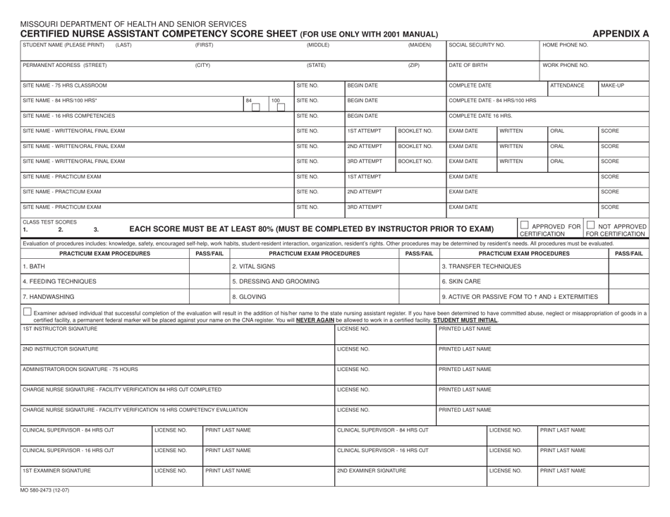 Form MO580-2473 Certified Nurse Assistant Competency Score Sheet - Missouri, Page 1