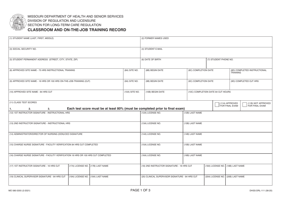 Form MO580-3355 (DHSS-DRL-111) Classroom and on-The-Job Training Record - Missouri, Page 1