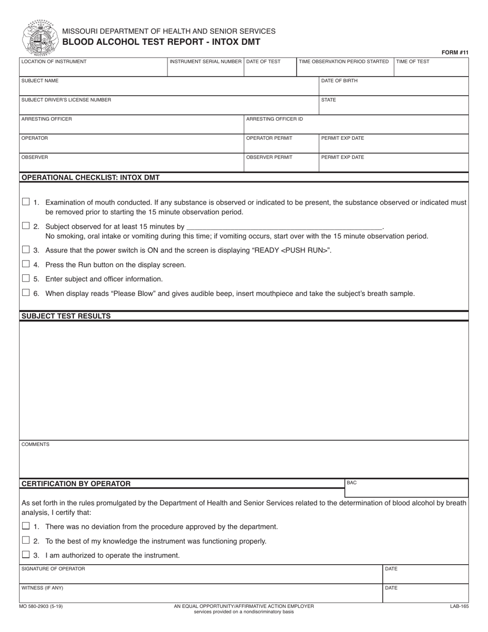 Form 11 (MO580-2903) Blood Alcohol Test Report - Intox Dmt - Missouri, Page 1