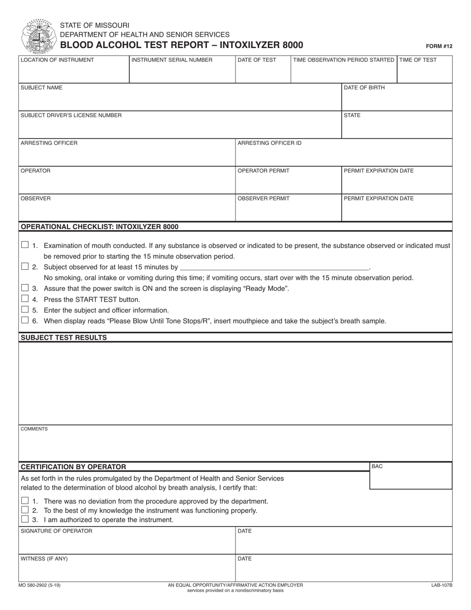 Form 12 (MO580-2902) Blood Alcohol Test Report - Intoxilyzer 8000 - Missouri, Page 1