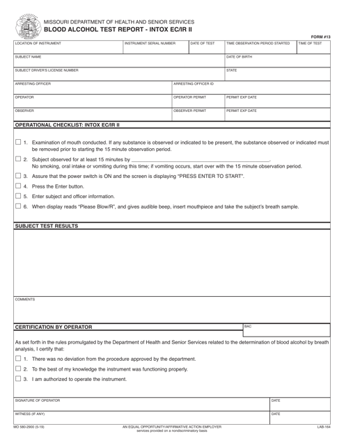 Form 13 (MO580-2900) Blood Alcohol Test Report - Intox Ec/Ir Ii - Missouri
