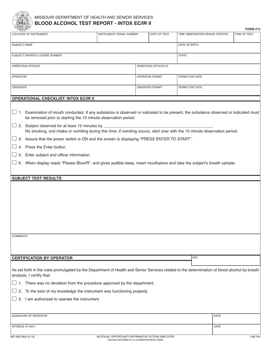 Form 13 (MO580-2900) Blood Alcohol Test Report - Intox Ec / Ir Ii - Missouri, Page 1