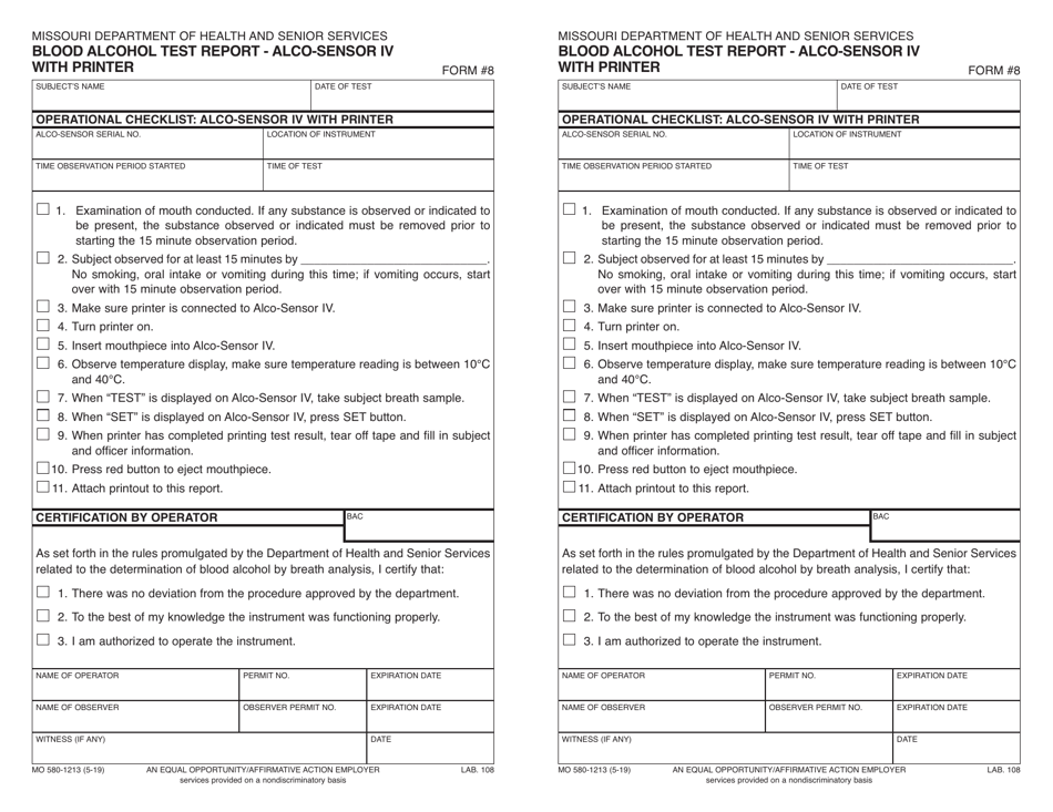 Form 8 (MO580-1213) Blood Alcohol Test Report - Alco-Sensor IV With Printer - Missouri, Page 1