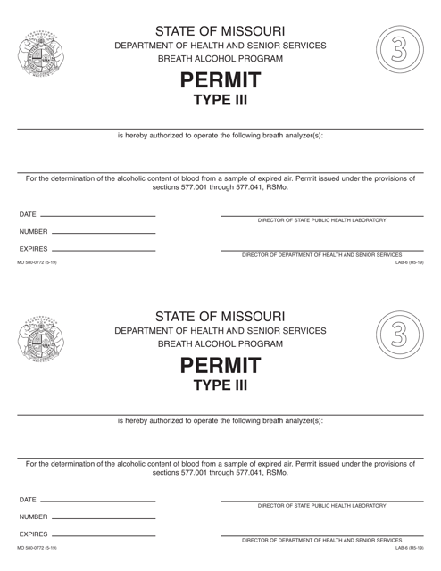 Form MO580-0772 (LAB-6) Type Iii Permit - Breath Alcohol Program - Missouri