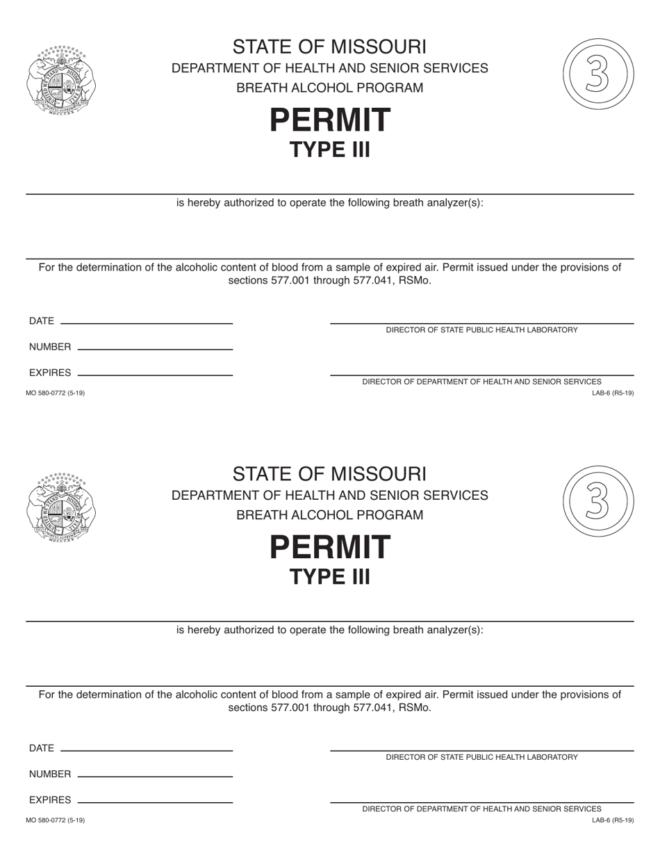 Form MO580-0772 (LAB-6) Type Iii Permit - Breath Alcohol Program - Missouri, Page 1