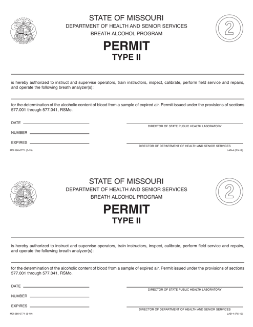 Form MO580-0771 (LAB-4) Type II Permit - Breath Alcohol Program - Missouri