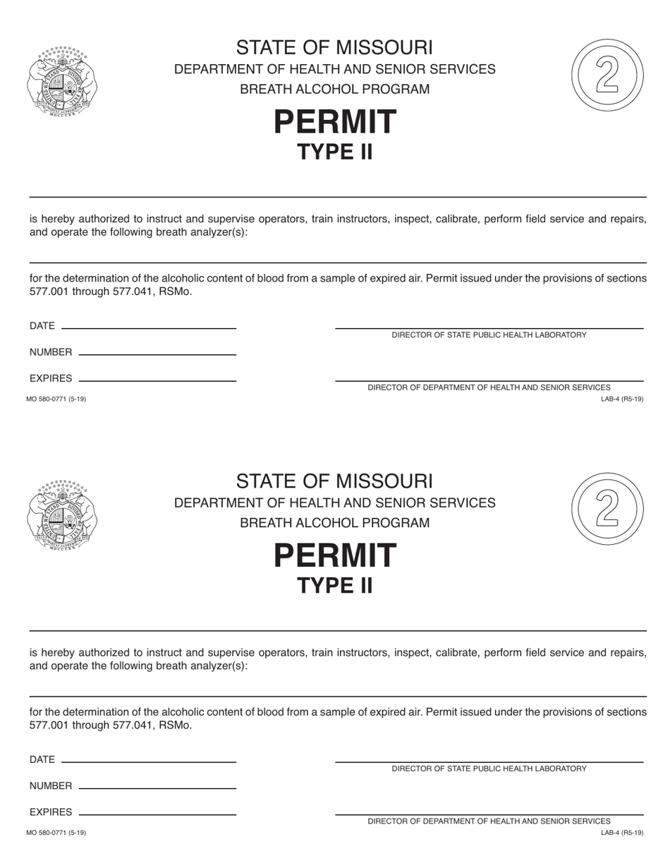 Form MO580-0771 (LAB-4) Type II Permit - Breath Alcohol Program - Missouri, Page 1