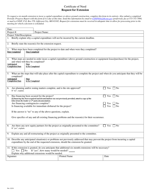 Form MO580-1872 Certificate of Need - Request for Extension - Missouri