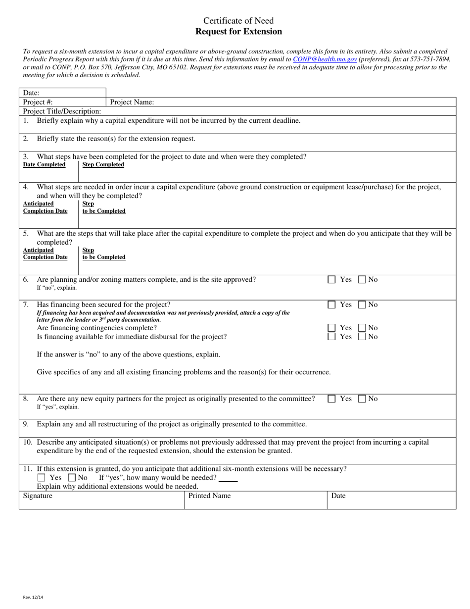 Form MO580-1872 Certificate of Need - Request for Extension - Missouri, Page 1