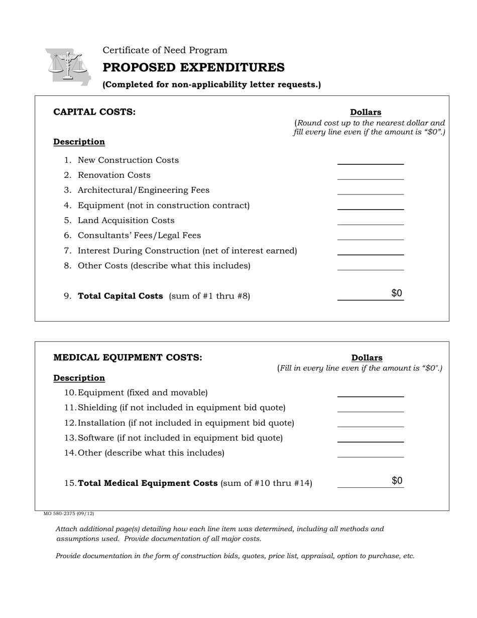 Form MO580-2375 Proposed Expenditures - Certificate of Need Program - Missouri, Page 1