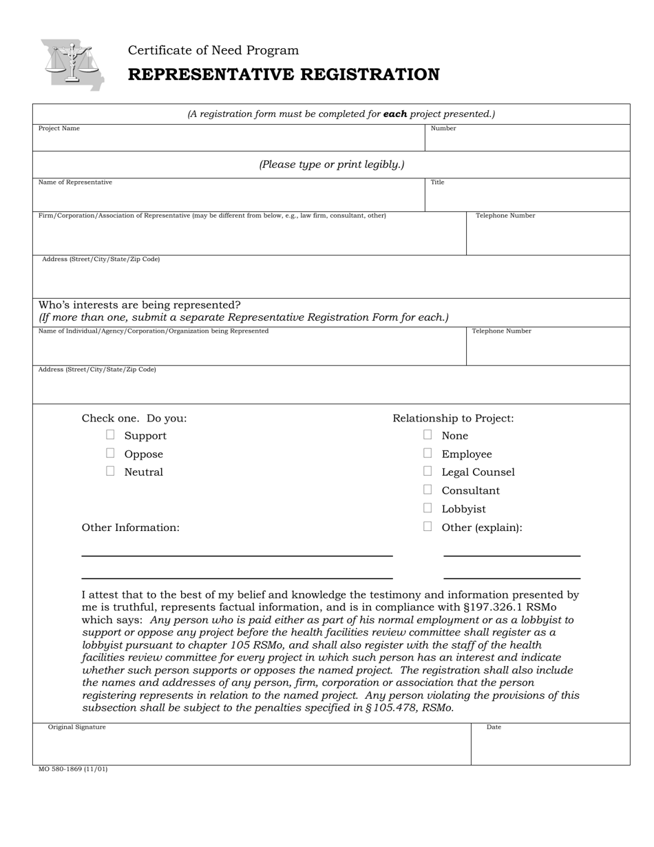 Form MO580-1869 Representative Registration - Certificate of Need Program - Missouri, Page 1