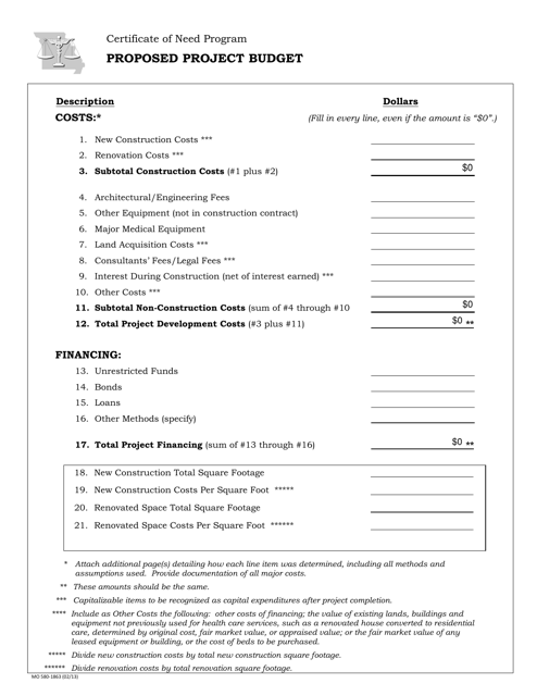 Form MO580-1863 Proposed Project Budget - Certificate of Need Program - Missouri