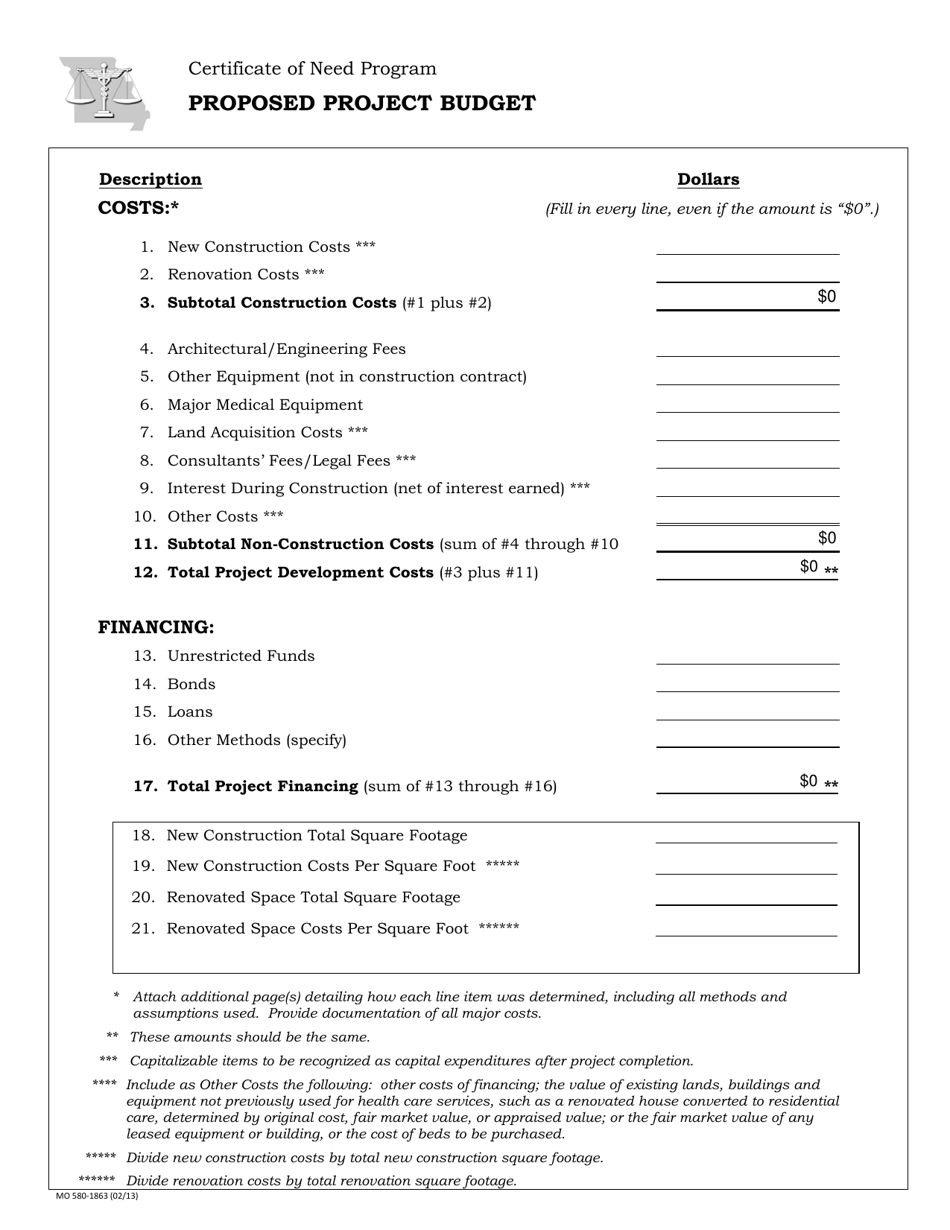 Form MO580-1863 Proposed Project Budget - Certificate of Need Program - Missouri, Page 1