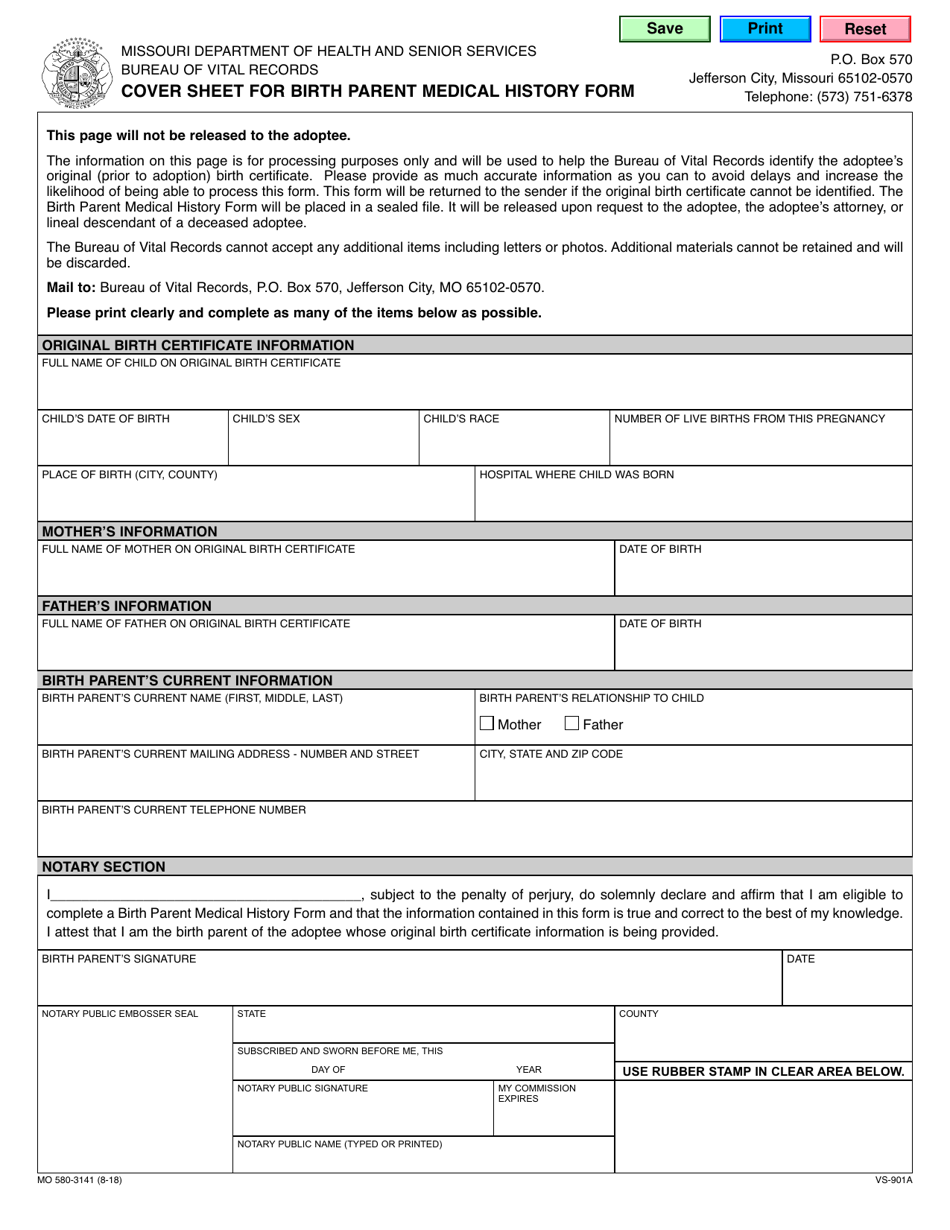 Form MO580-3141 Cover Sheet for Birth Parent Medical History Form - Missouri, Page 1