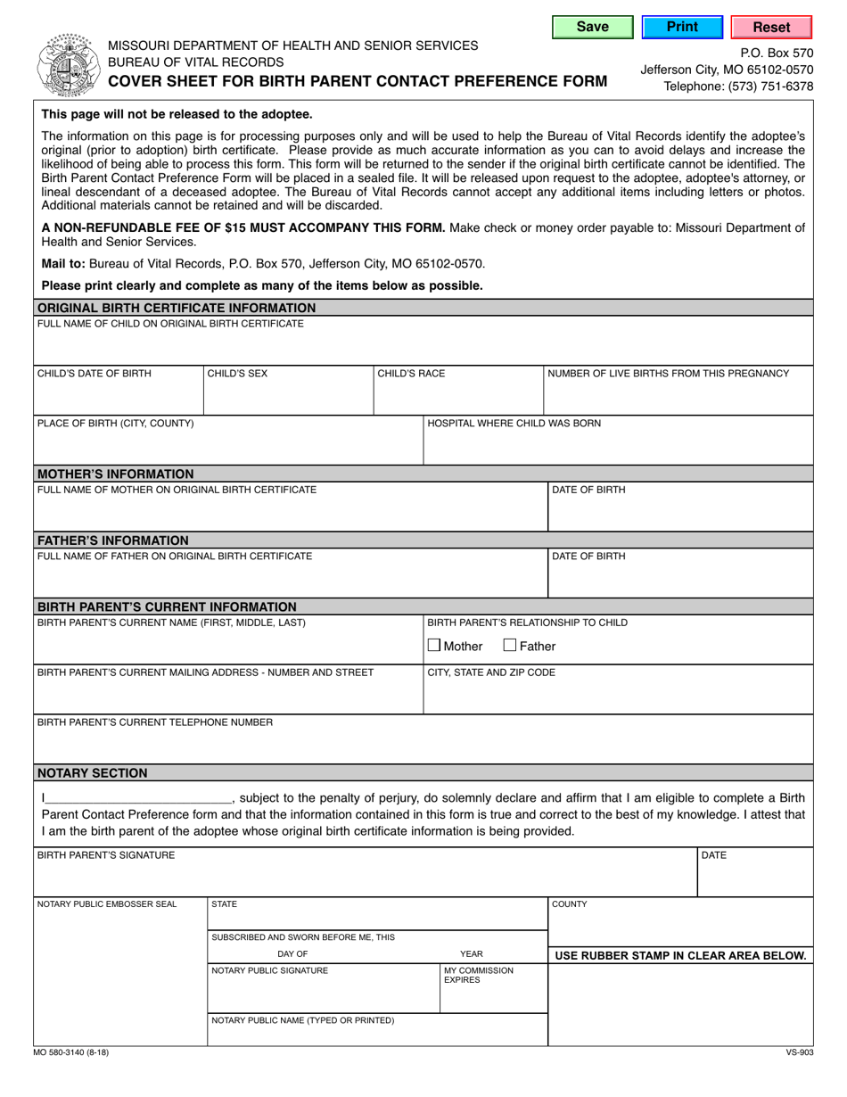 Form MO580-3140 Birth Parent Contact Preference Form - Missouri, Page 1