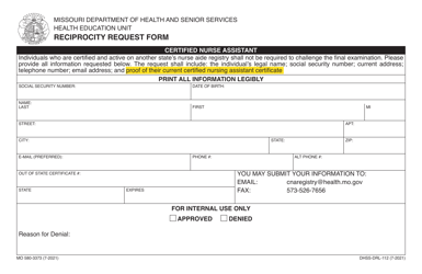 Form MO580-3373 (DHSS-DRL-112) &quot;Reciprocity Request Form&quot; - Missouri