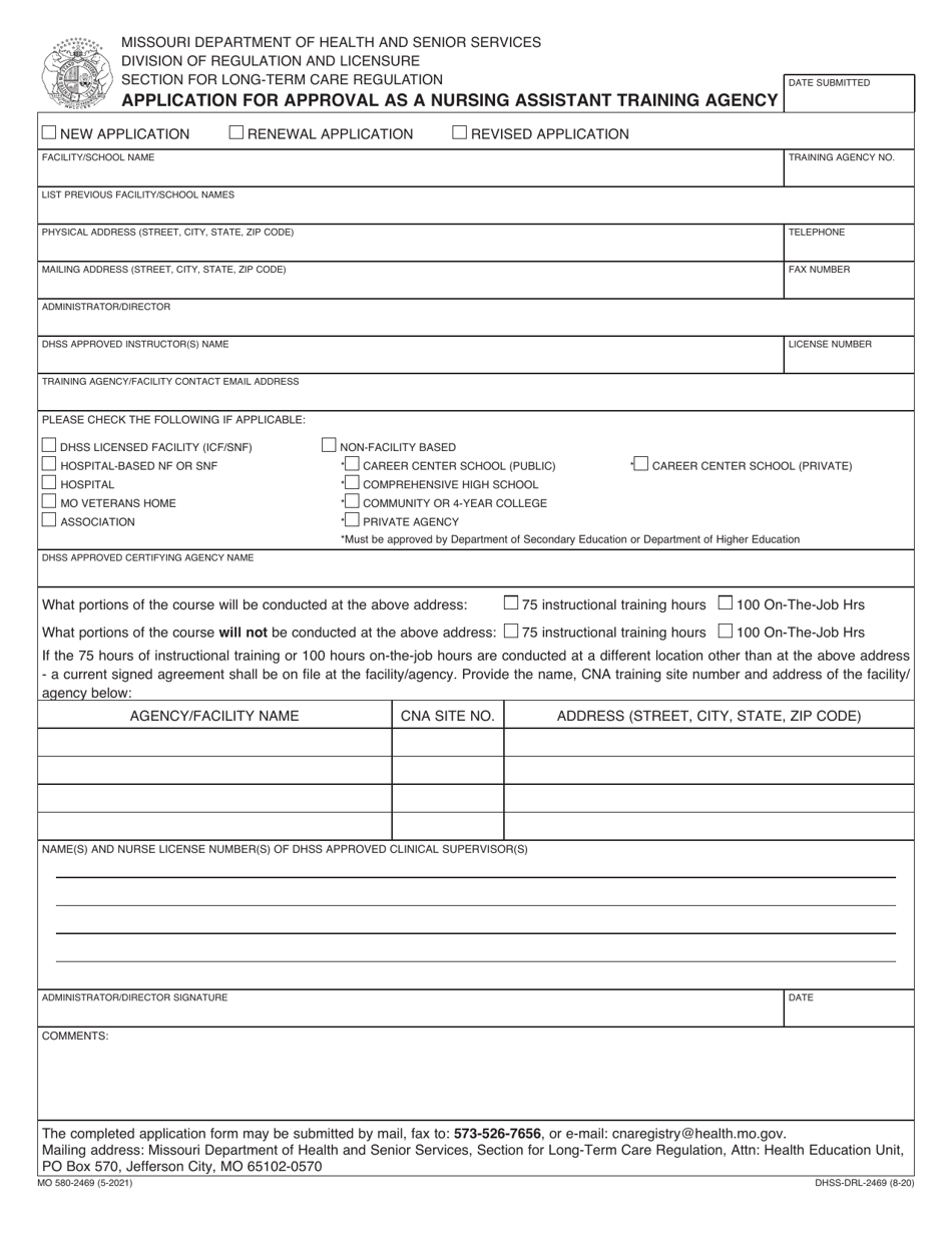 Form MO580-2469 (DHSS-DRL-2469) Application for Approval as a Nursing Assistant Training Agency - Missouri, Page 1