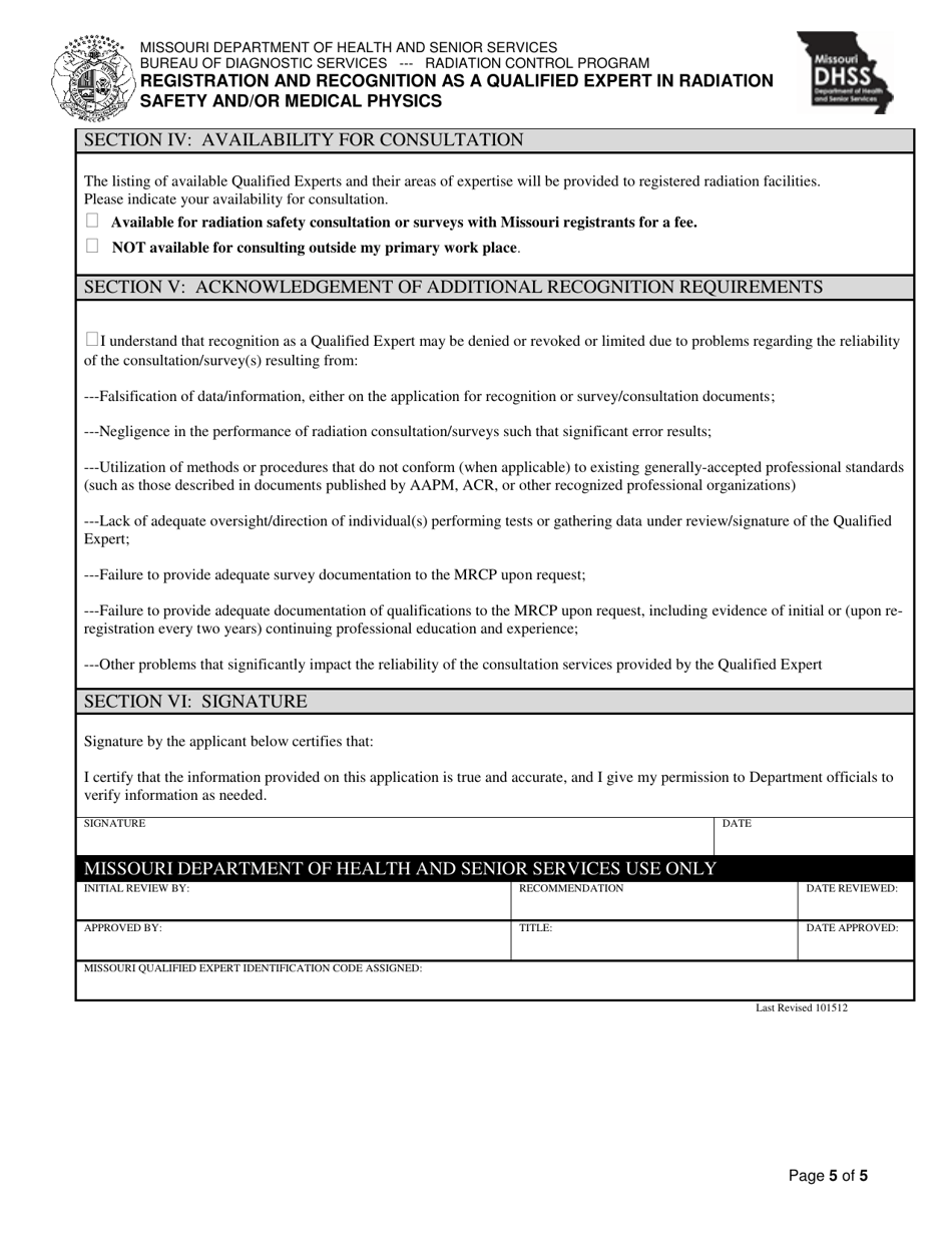 Registration and Recognition as a Qualified Expert in Radiation Safety and / or Medical Physics - Missouri, Page 5