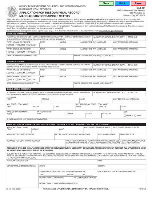 form mo580 2995 download fillable pdf or fill online application for missouri vital record marriage divorce single status missouri templateroller
