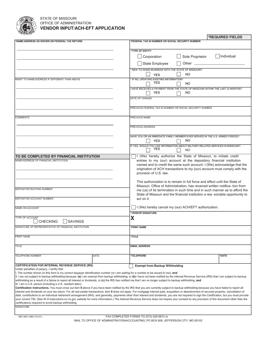 Form MO300-1489 Vendor Input / ACH-Eft Application - Missouri, Page 1