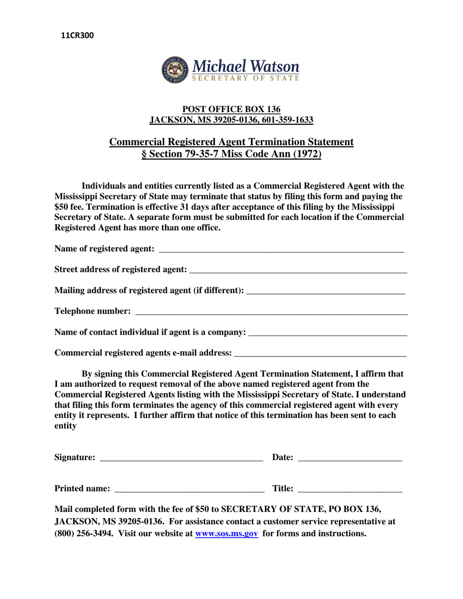 Form 11CR300 Commercial Registered Agent Termination Statement - Mississippi, Page 1