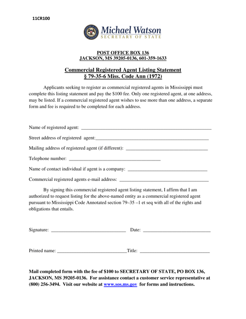 Form 11CR100 Commercial Registered Agent Listing Statement - Mississippi
