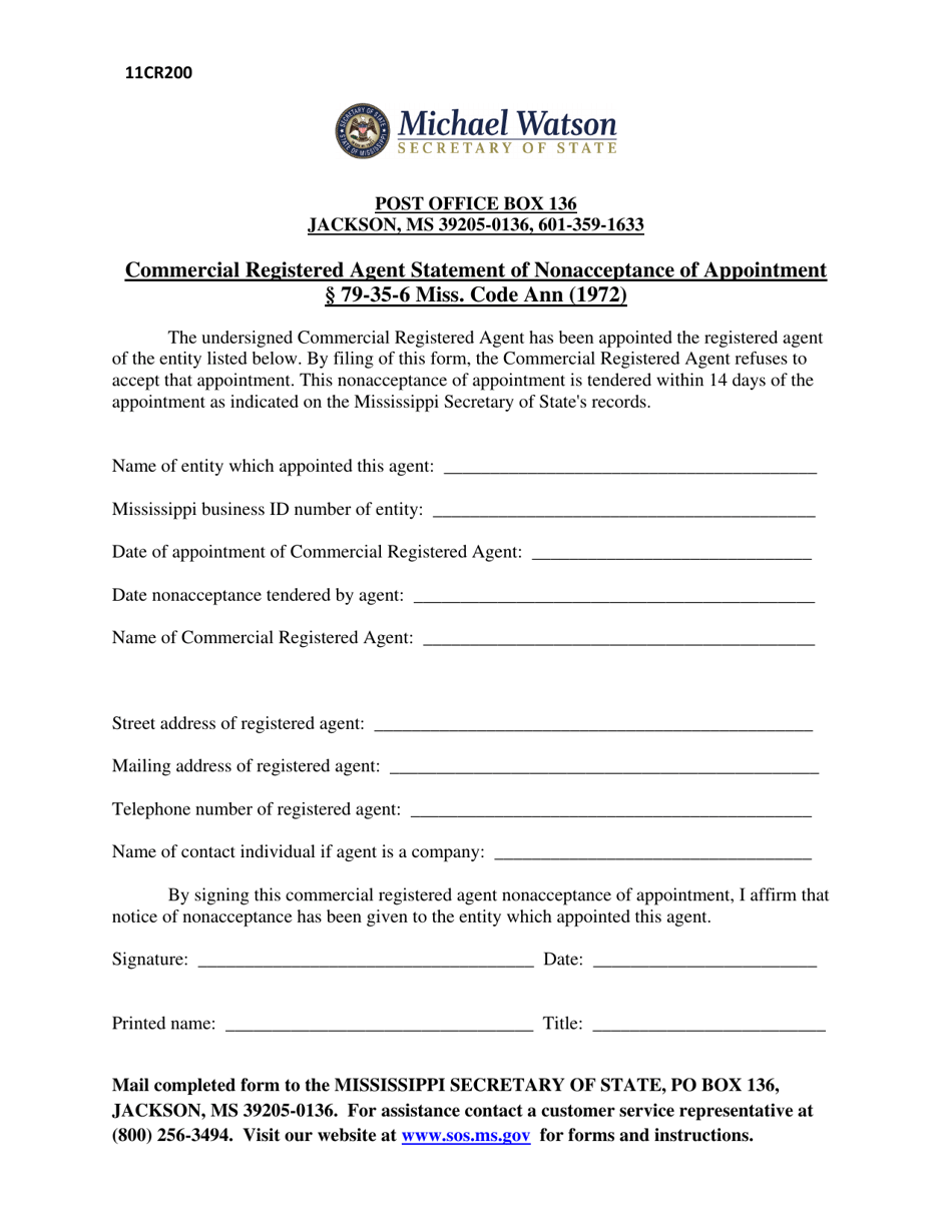 Form 11CR200 Commercial Registered Agent Statement of Nonacceptance of Appointment - Mississippi, Page 1