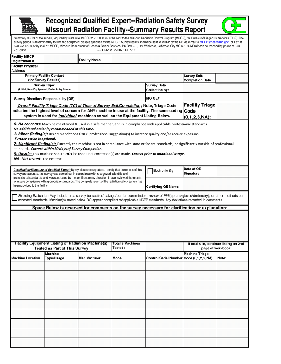 Recognized Qualified Expert Radiation Safety Survey Summary Results Report - Missouri, Page 1